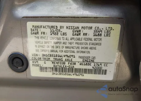 2006 Nissan Sentra 1.8S z USA, uszkodzony, nr VIN 3N1CB51D16L496091